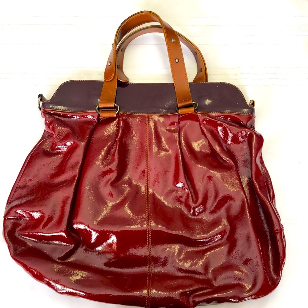 Red and purple vegan leather shoulder bag